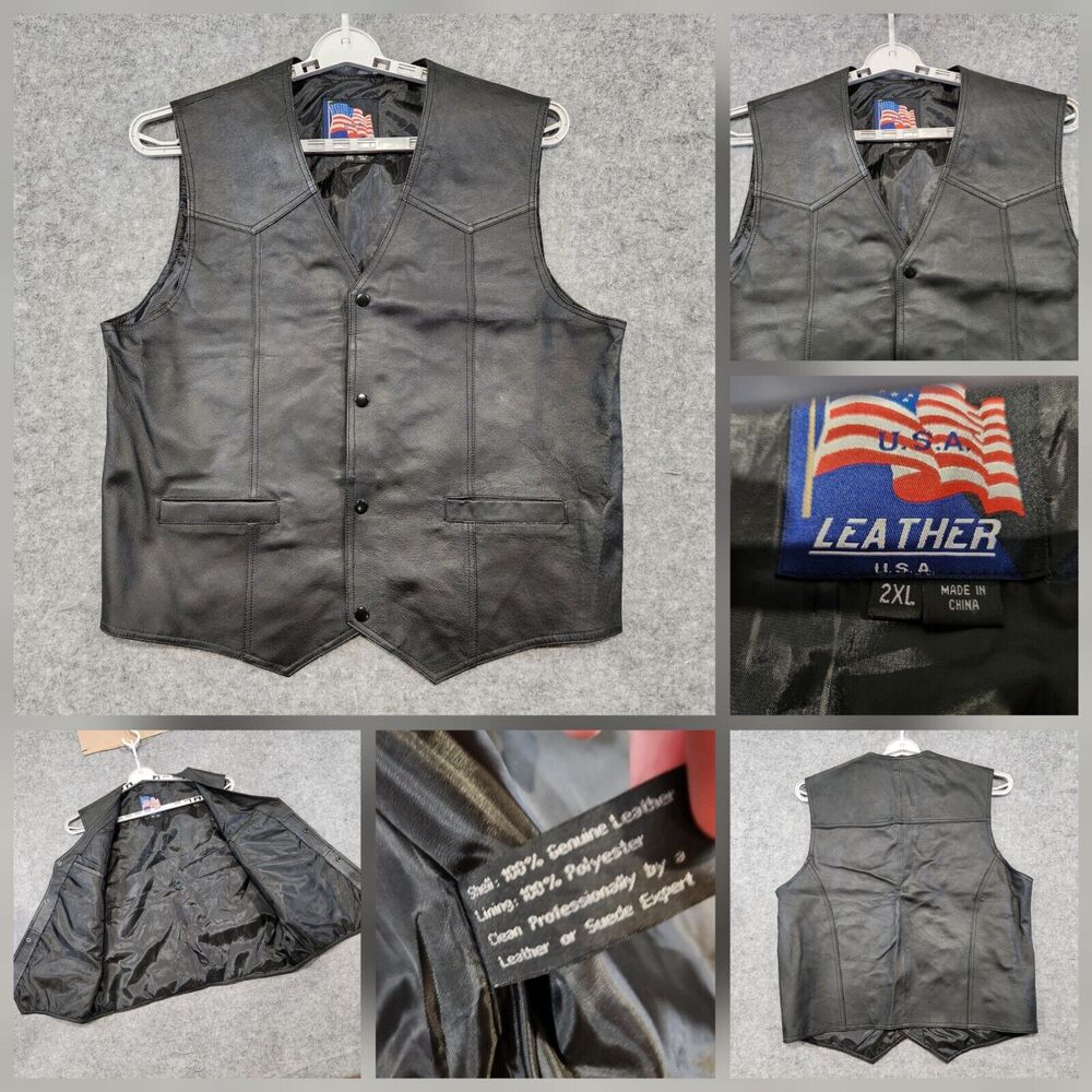 U.S.A. Leather Mens 2XL XXL Black Snap Up Motorcycle Biker Vest‎ Jacket